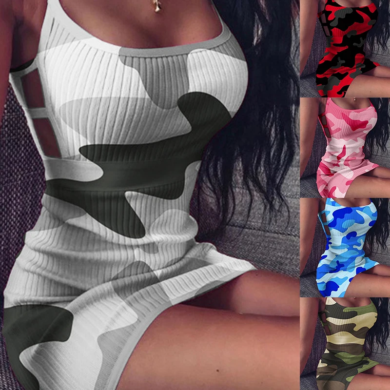 

Sexy Party Club Mini Dress Women Summer Camouflage Army Green 2021 Hollow Spaghetti Strap Wrap Bodycon Slim Dress Dropshipping