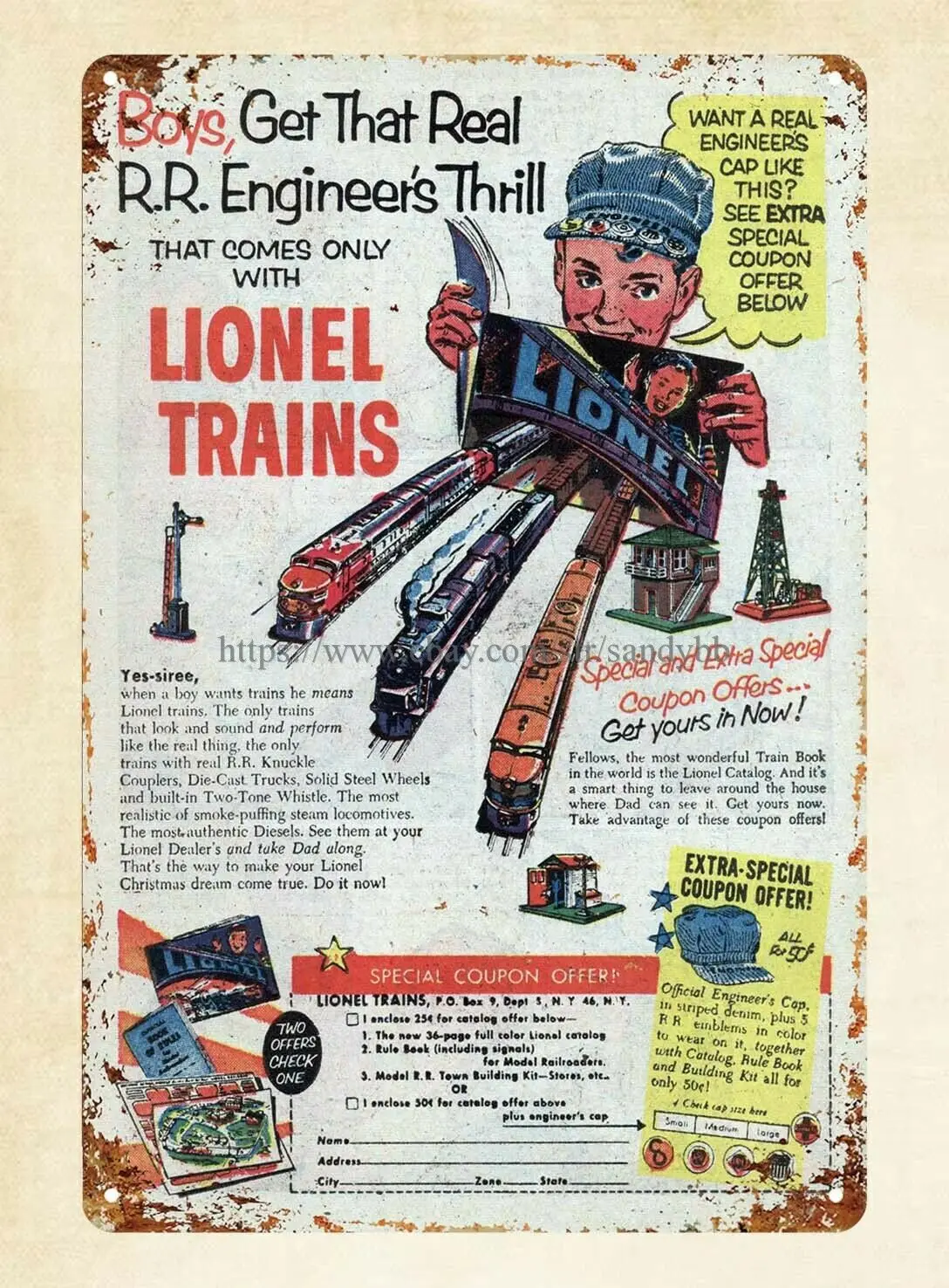 

railroad model railway locomotive Lionel Trains ad 1952 metal tin sign home art