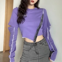 women fall winter new style slim body purple tops long sleeve round neck female fashion stitching irregular t shirt solid tshirt