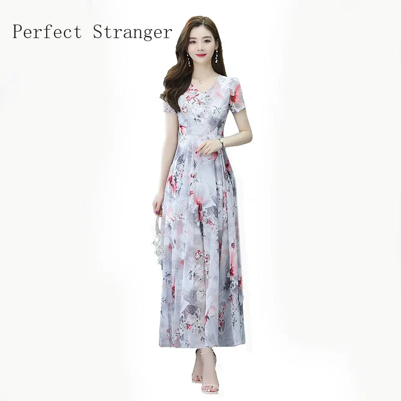 

2021 Summer New Arrival Hot Sale V Collar Flower Printed Collect Waist Short Sleeve Women Long Chiffon Dress Plus Size M-4XL