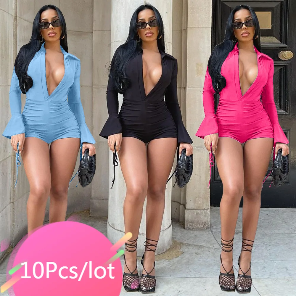 

Bulk Items Wholesale Lots Womens Jumpsuits Deep V Neck Romper Sexy Long Sleeve Ruffles Biker Shorts Playsuits One Piece Outfits
