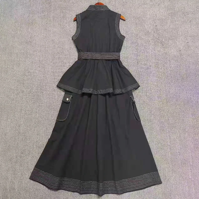 

VGH Casual Solid Dress For Women Lapel Sleeveless High Waist Lace Up Bowknot Korean Tunic Maxi Dresses Female 2021 Fashion Style