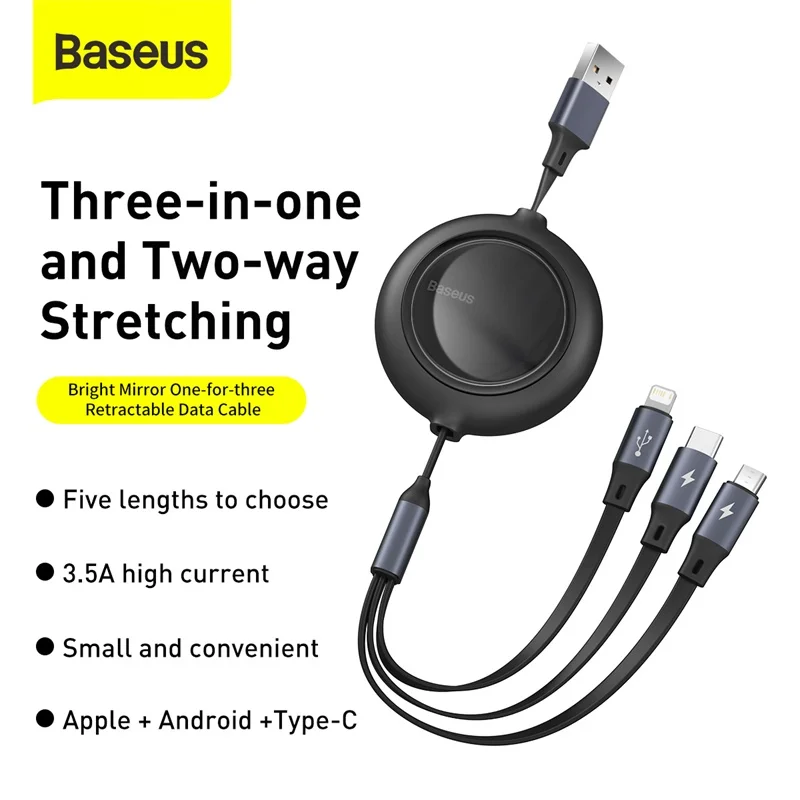 USB кабель Baseus 3 в 1 для iPhone 12 Pro Type C быстрая зарядка Samsung Huawei Xiaomi Mi выдвижной Micro