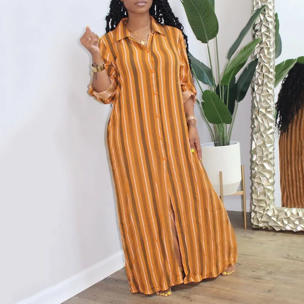 Женское Полосатое повседневное длинное платье 2020 с длинным рукавом осеннее