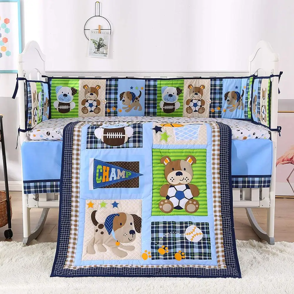 

7pcs Embroidery Baby Boy Bedding Set cama bebe Bed Kit Boy Crib Set Infant Crib Bedclothes (4bumpers+duvet+bed cover+bed skirt)