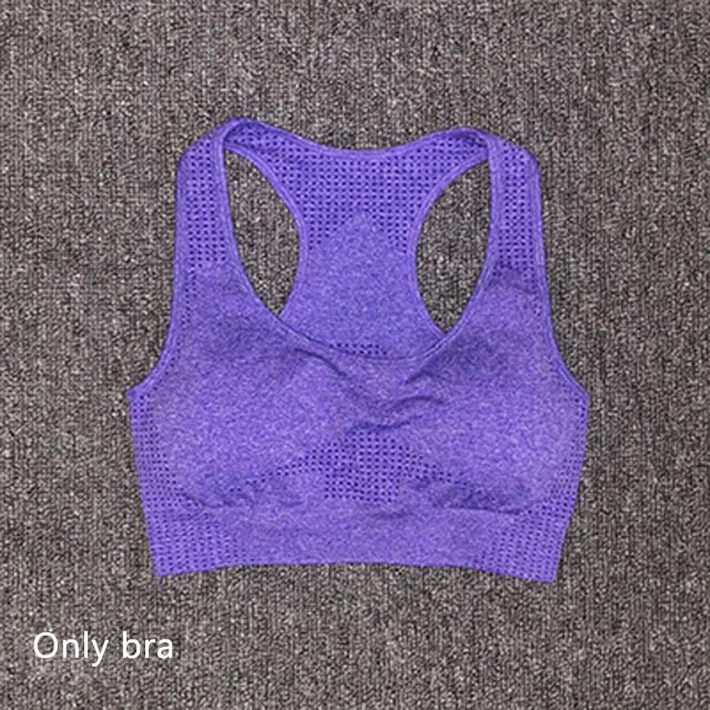 Purple bra Комплект для йоги из 3 предметов, бесшовные леггинсы+ спортивный бюстгальтер+ укороченный топ с длинными рукавами, женская одежда для зала и бега, спортивный костюм для фитнеса с высокой талией - Цвет: Purple bra