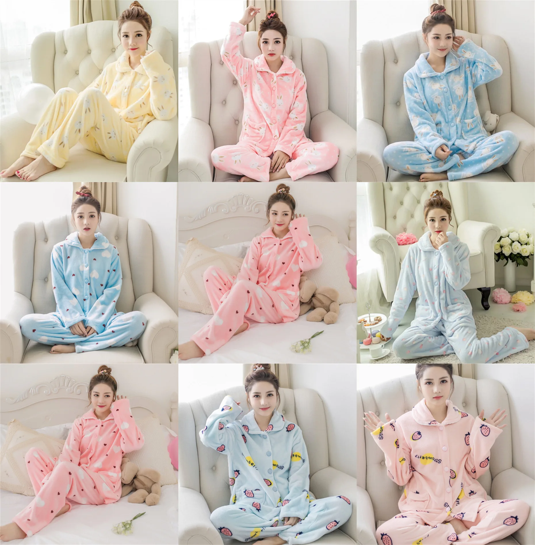 

Winter Warm Long Sleeve Pajamas Trousers Suit Fashion Pyjama Set Large Size Nightwear Home Service