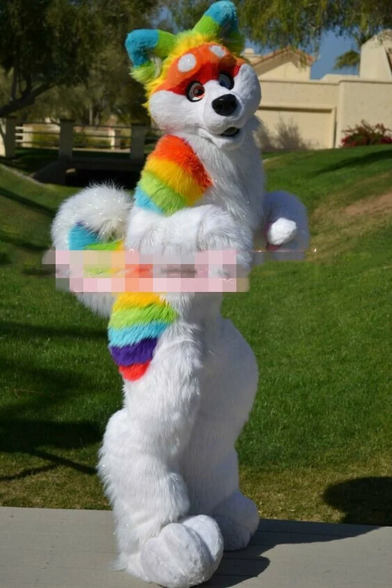 

Rainbow Husky Dog Wolf Mascot Costume Fursuit Suits Cosplay Party Dress Outfits Clothing Promotion Halloween Xmas Easter Adults