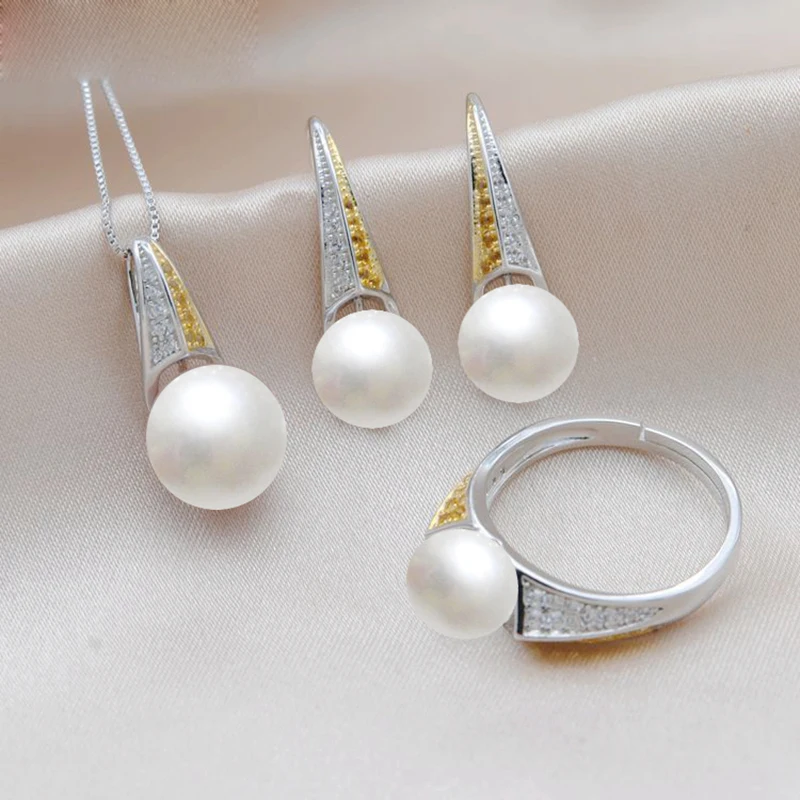 White pearls MeiBaPJ Настоящее серебро 925 проба Простой Модный Ювелирный Набор натуральный коврик жемчужный кулон кольцо серьги Свадебные украшения для женщин - Цвет камня: White pearls
