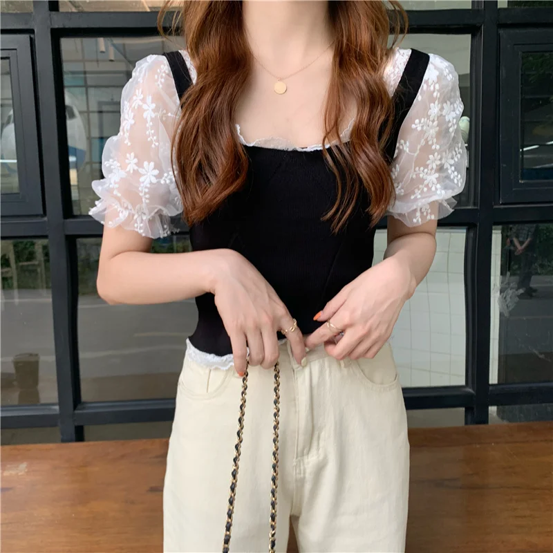 

Women Clothing Summer New Ins Chic Korean Knitted Patchwork Lace Puff Short Sleeve T Shirts Ladies Tops Slim Tees Square Collar