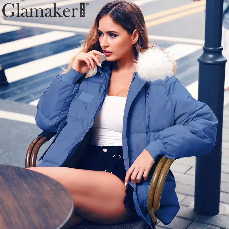 Синий Glamaker сексуальный зимний теплый пуховик с капюшоном женский меховой воротник карман свободный пуховик уличная мягкая стеганая куртка - Цвет: Синий