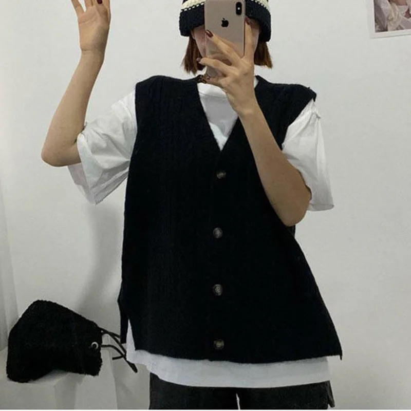 Женский Однотонный свитер-жилет с V-образным вырезом однобортный нежный