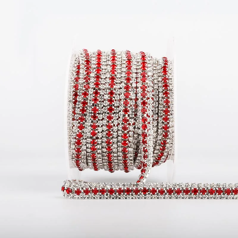 

Multi colors 3 Rows Rhinestones Close Rhinestone Cup Chain Clear Trim Sewing Craft- Silver Base