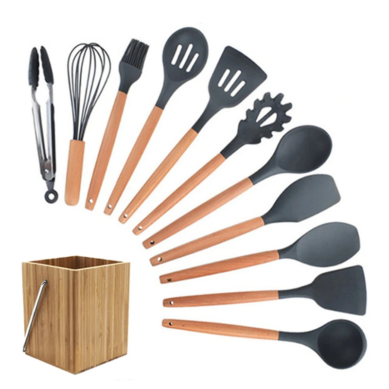12 Pcs Kitchen Set 8-12 шт., кухонный комплект Силиконовые Пособия по кулинарии посуда с антипригарным покрытием шпатель с деревянной ручкой с деревянный ящик для хранения Пособия по кулинарии инструменты Кухонные принадлежности - Цвет: 12 Pcs Kitchen Set
