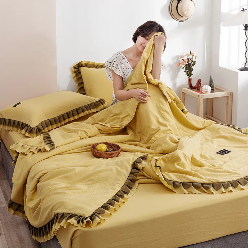 

Korean ruffles quilts sets home bedding washed cotton comfoter set scallop summer bed linen solid falbala throw blanket 1/3/4pc
