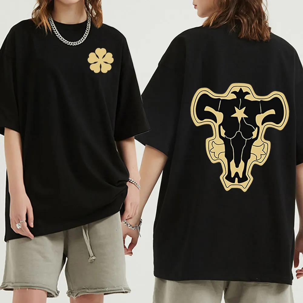 Trifoglio nero stampa fronte-retro divertente Anime T-shirt uomo Harajuku Graphic T Shirt Streetwear Cool Tshirt Hip Hop Top Tee uomo
