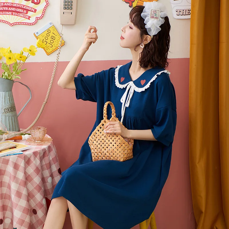 Nightdress Women's Summer New 2021 Pure Cotton Princess Style Court Style Spring Nightwear Short Sleeve Home Wear Sleepwear