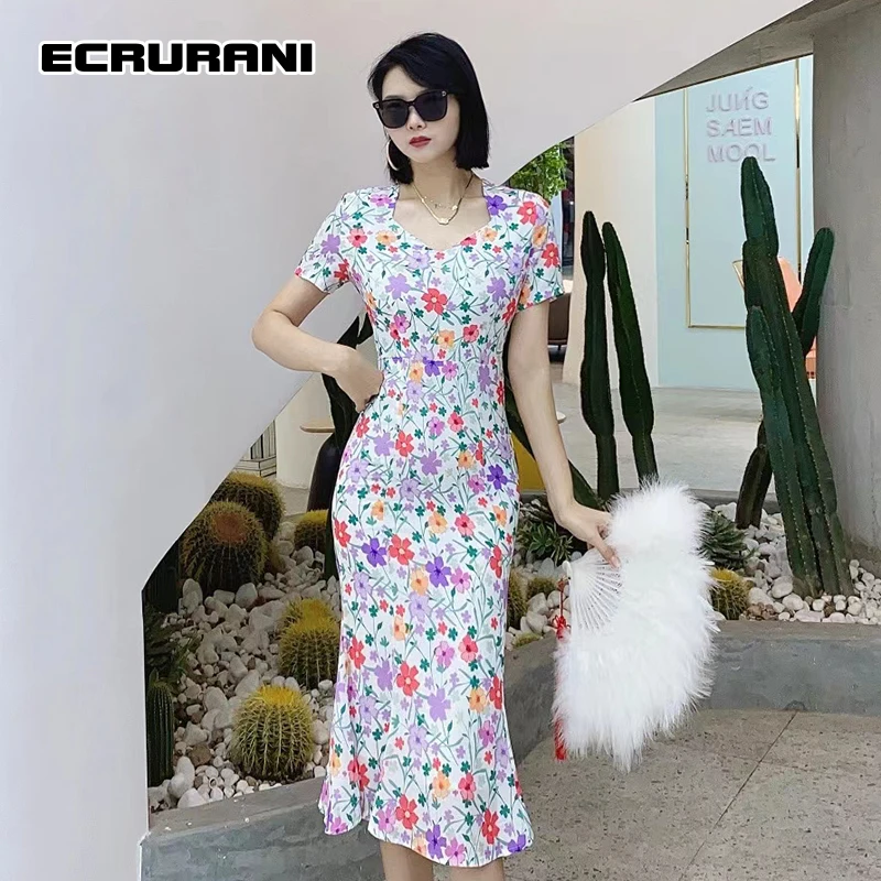 

ECRURANI Print Dress For Women O Neck Short Sleeve High Waist Mid Floral Hit Color Dresses Female Summer Clothes 2021 Summer New