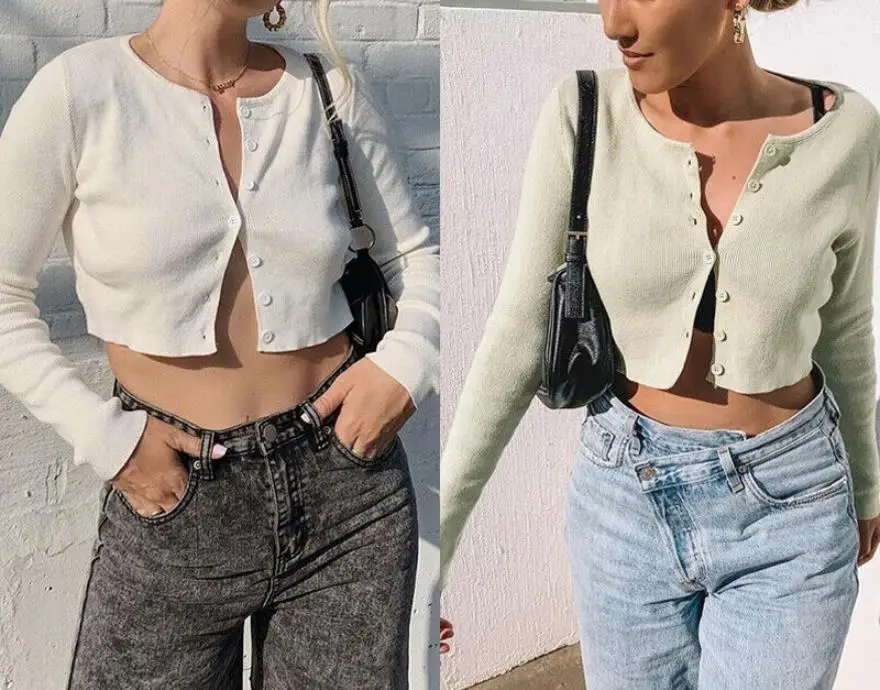 Women's Long Sleeve Open Front Cardigan Button Up Knitting Jumper Crop Tops Spring Fashion Casual Butoon Elastic Short Sweater |
