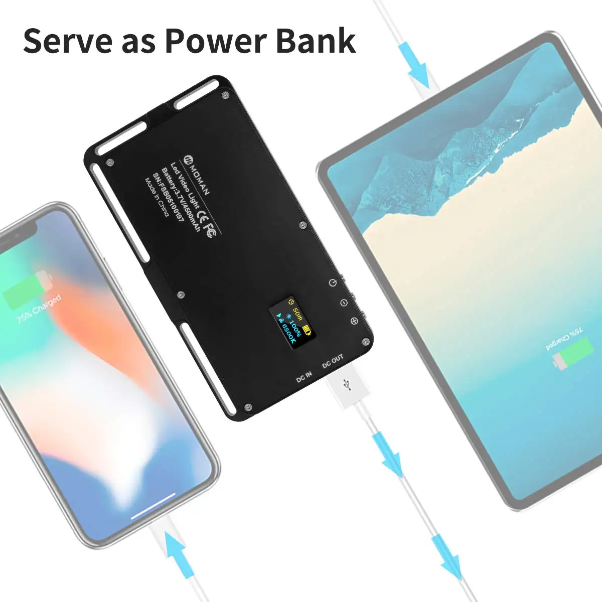 Moman Mini On camera светодиодный свет с функцией Powerbank 4500 мАч двухцветный 3500 K 5700 CRI96 +
