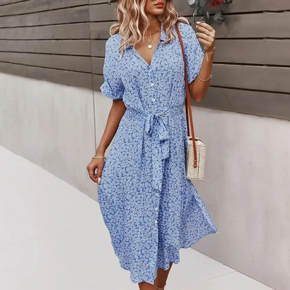 

Summer Women Dress Single-breasted Floral Print Short Sleeve Loose Midi Dress for Party Ladies Polka dot dress with ruffles