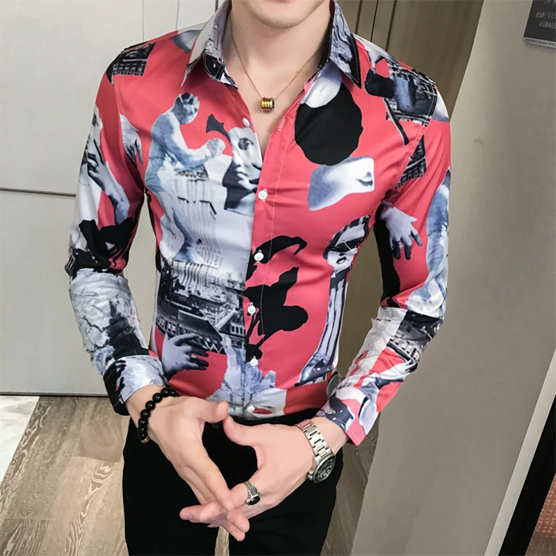 2020 Latest Luxury fashion brands Newspaper printing Streetwear Casual Men Shirts Slim Fit Long Sleeve Party Mens shirts | Мужская