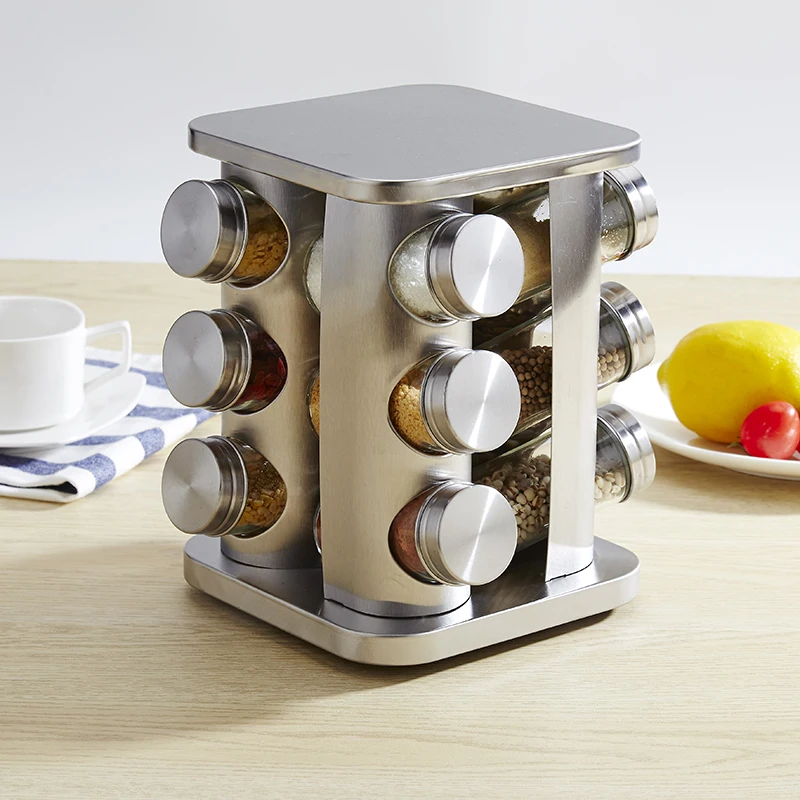 

Seasoning Box Spice Container Salt Pepper Sugar Stainless Steel Spice Rack Organizer with Glass Spice Jars HG99