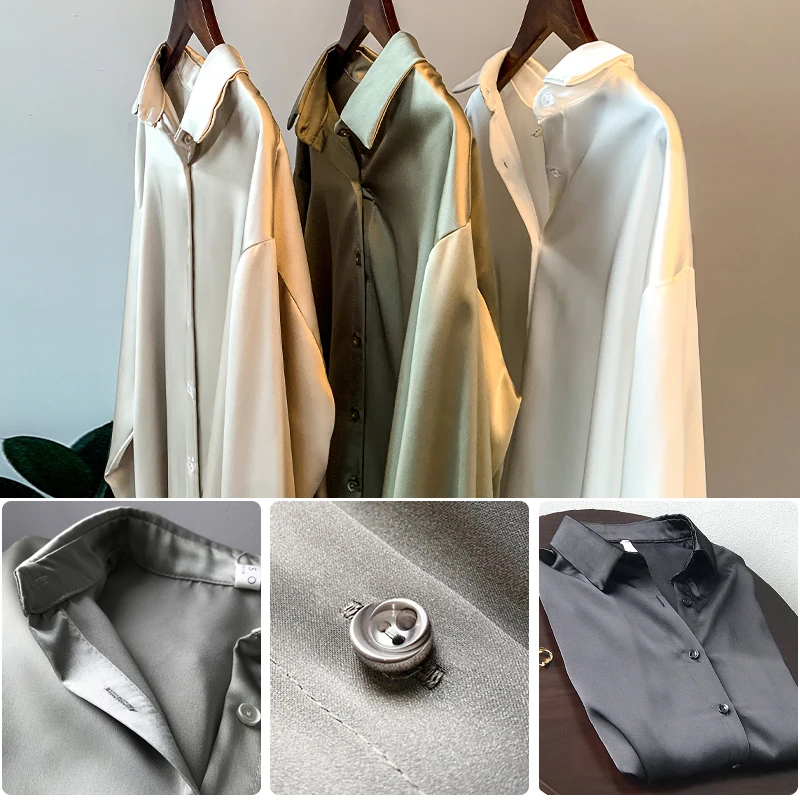 Женская белая атласная рубашка элегантная офисная блузка на пуговицах с длинным