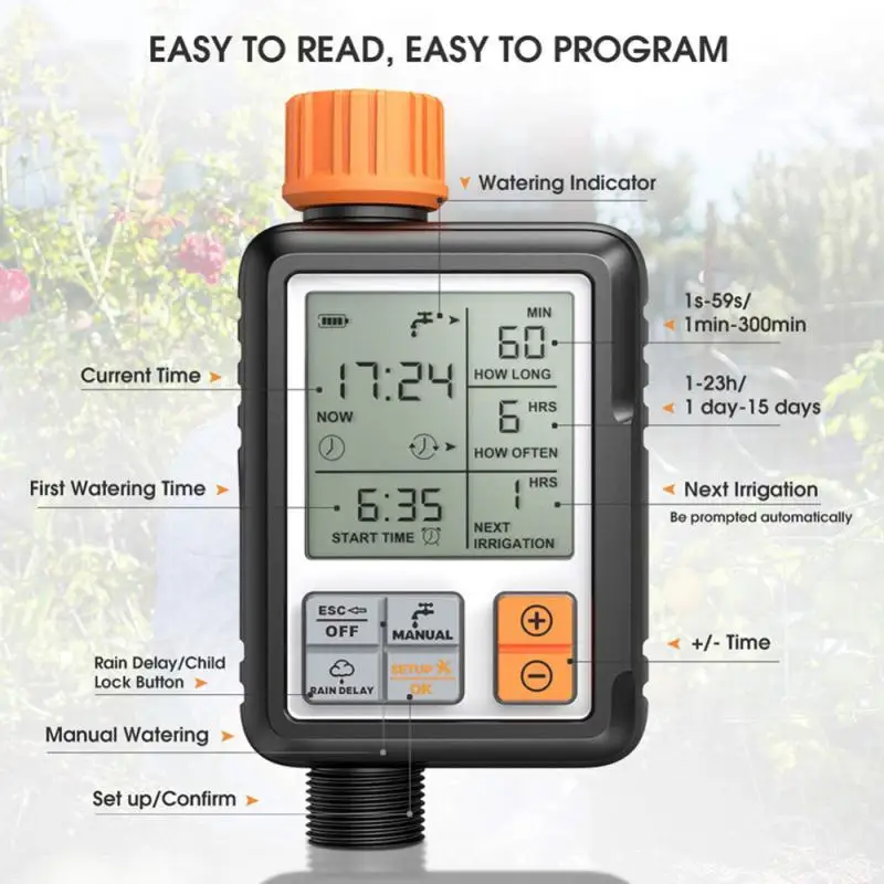 

Automatic Lcd Screen Digital Water Timer 3" Large Screen IP65 Waterproof For Garden Lawn Watering System Irrigation Timer