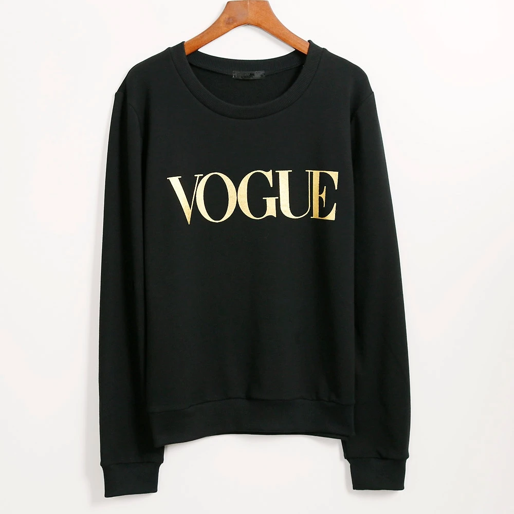 

The Vogue (Gold Logo Printed ) Women Black Sweatshirt Fashion Female Spring New Tops