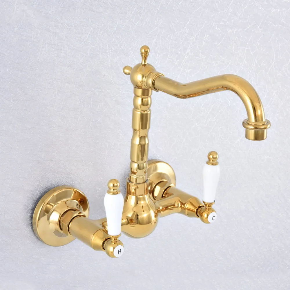 

Polished Gold Color Brass Wall Mounted Double Ceramic Handles Bathroom Kitchen Sink Faucet Mixer Tap Swivel Spout asf616