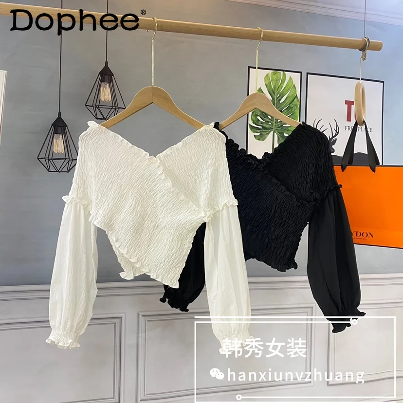 

Sexy Off-Shoulder French Style V-neck Cross Long Sleeves Shirt for Women 2021 Spring New Ruffled Corset Top Blouse Femme Blusas