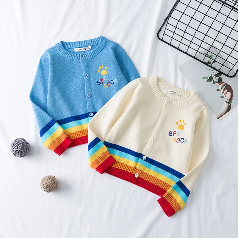 

HAYANA 2022 Spring Kids New Clothes Cotton Knit Cardigan Rainbow Stripe Embroidered Jacket All-match Children's Sweater