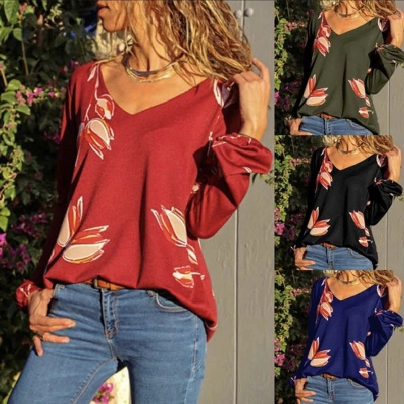 Женская рубашка с цветочным принтом Blockbuster длинным рукавом и v-образным вырезом |