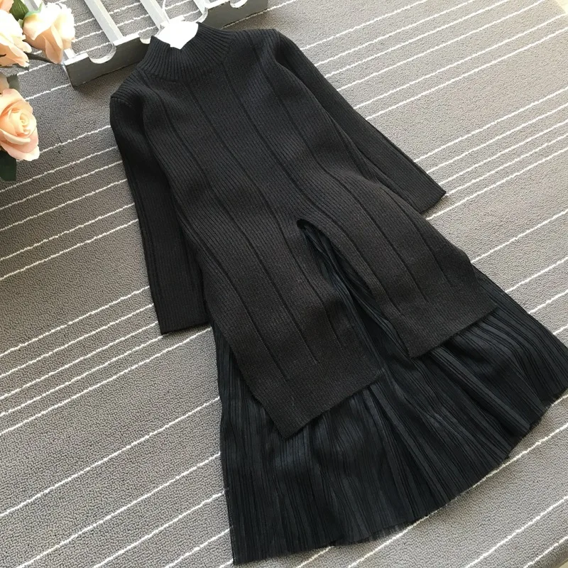 Новое зимнее платье-свитер для девочек Сетчатое вязаное платье с Разрезом