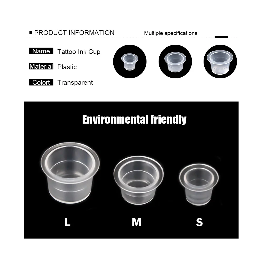 100Pcs /Pack Tattoo Ink Cup Plastic Permanent Makeup Eyebrow Makeup Tattoo Inks Cups S/M/L Size for Body Art Pigment Container