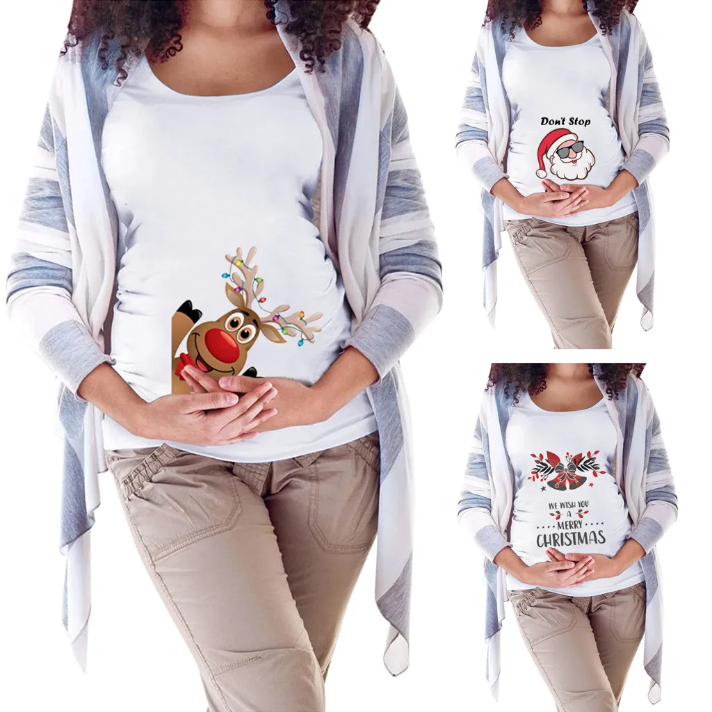 Модные Рождественские футболки для беременных с изображением Санта Клауса и