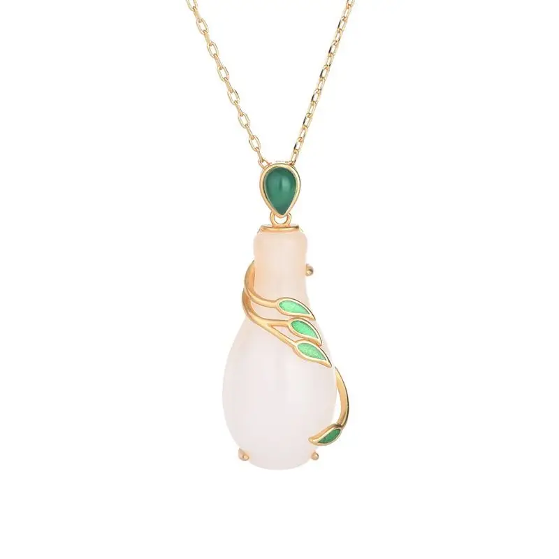 

Vintage Collars Jewelry Gold Color Vase Pendant Necklaces Ethnic White Jade Women Happy Necklace for Cheongsam