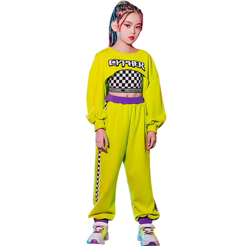 

Fashion Girls Hip Hop Clothes Yellow Loose Top Hiphop Pants Suit Jazz Dance Costumes Practice Clothes Stage Rave Clothes