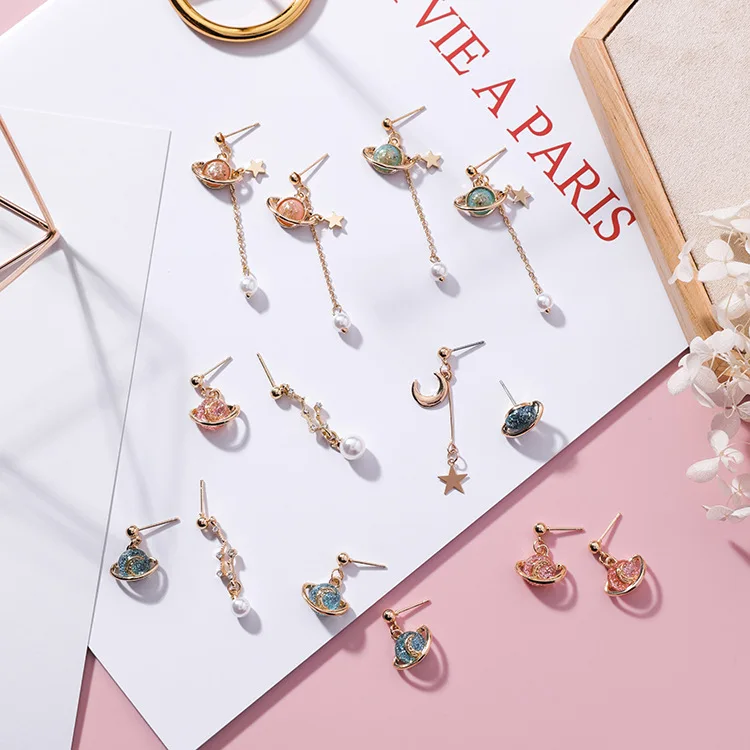 Корейские креативные цветные Серьги планета Сатурн милая девушка Луна Звезда