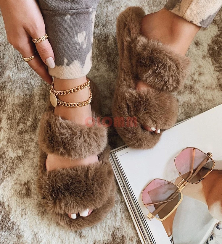 

2020 Women Shoes Autumn Plush Slippers Flat Open Toe Solid Color Fashion Comfortable Plus Size 40