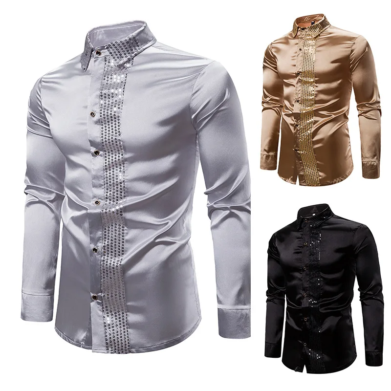 

sequined performance shirts, nightclub men's wear, presiding over the secretary shirt, men's rip-necked long-sleeved shirts