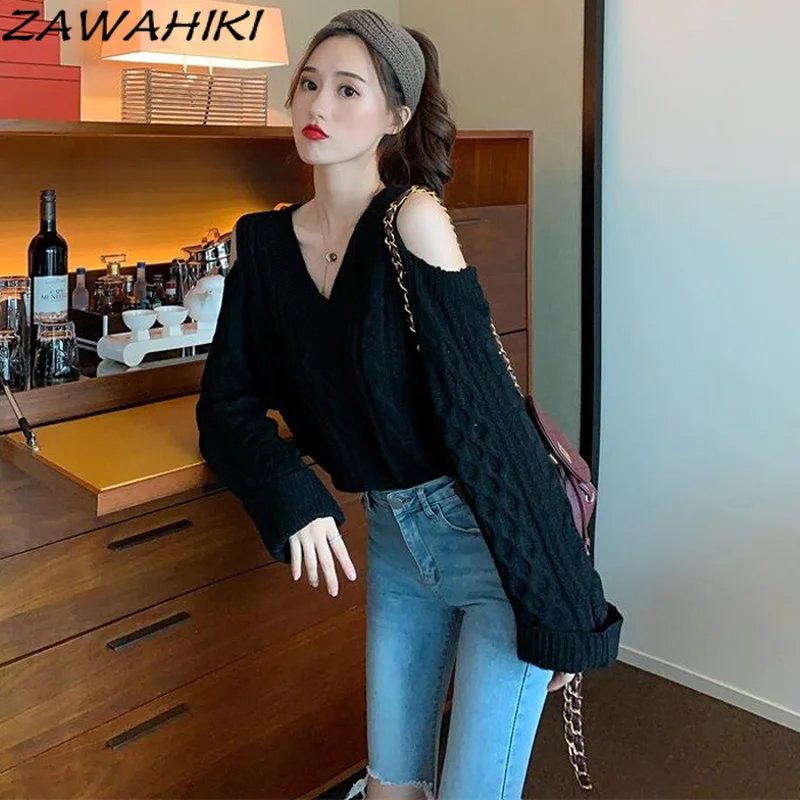 

ZAWAHIKI Autumn and Winter Chic Outer Wear Off Shoulder Knitted Tops Loose Lazy Pullovers V Neck Knitted Top Women New Sweaters