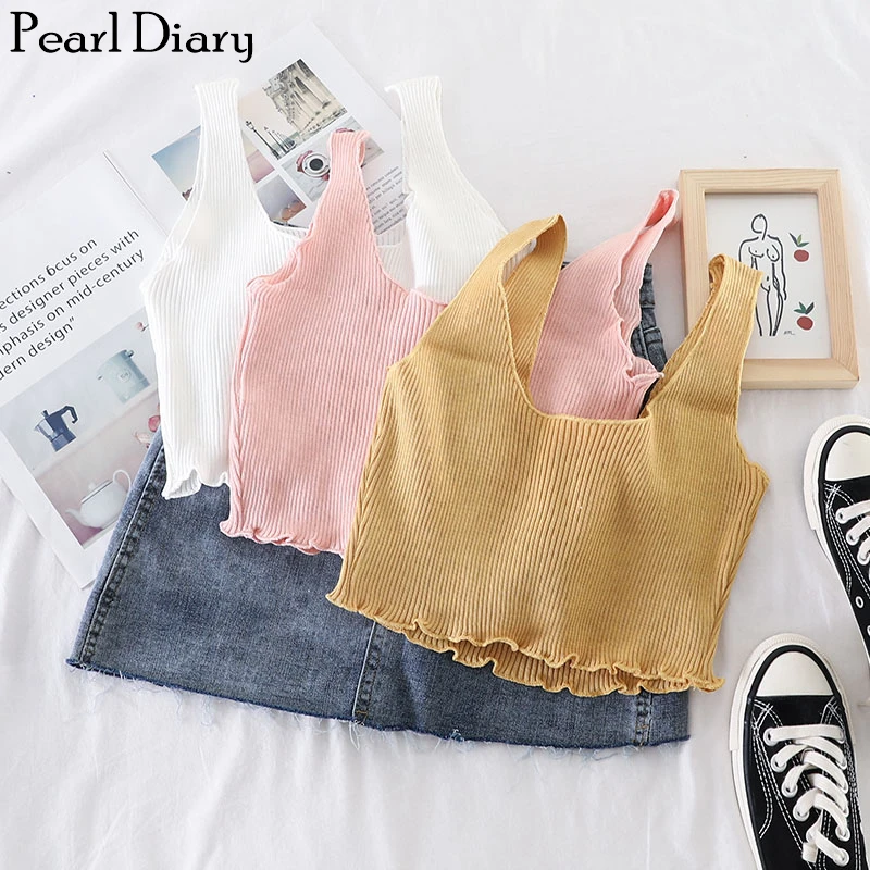 Кроп-Топ женский с жемчужным дневником ВЯЗАНАЯ МАЙКА в рубчик повседневный