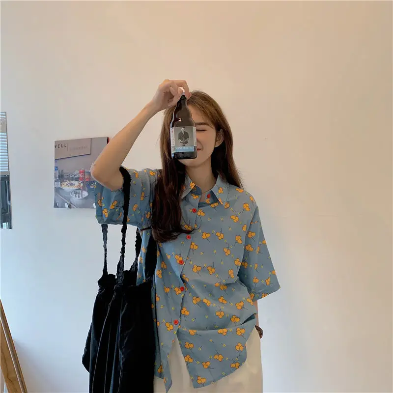 

Korean Style Print Shirts for Women Summer Fashion 2021 Button Up Shirt Short Sleeve Loose Casual Women Shirts