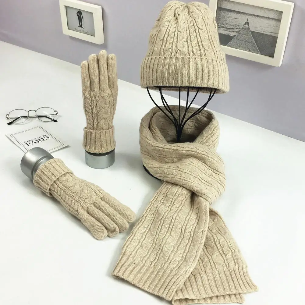 

Fashion Ladies New Autumn Winter Warm Solid Color Scarf Hat Glove Sets Women Thick Knit Soft Knitted Woollen Set