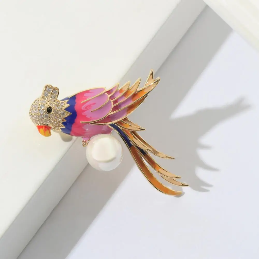 Женская Брошь в виде попугая Neoglory эмалированная брошь с фианитами класса ААА и