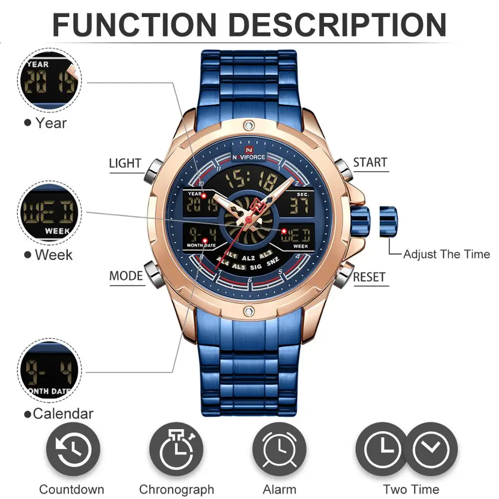 NAVIFORCE Лидирующий бренд мужские спортивные кварцевые часы полностью стальные