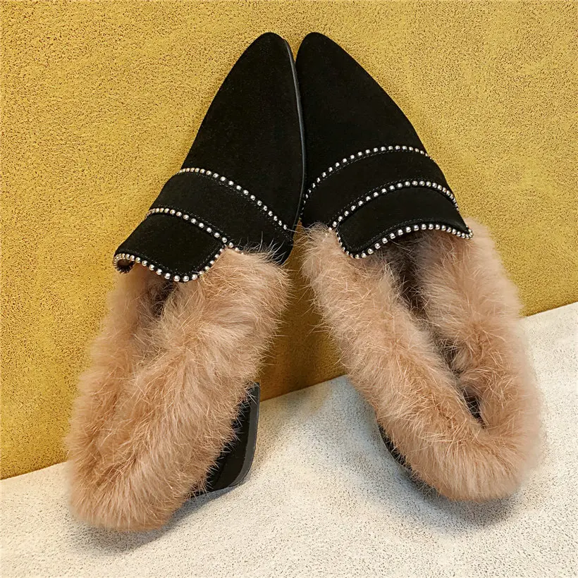 Женские туфли из натуральной кожи на низком каблуке с мехом кролика|Женские