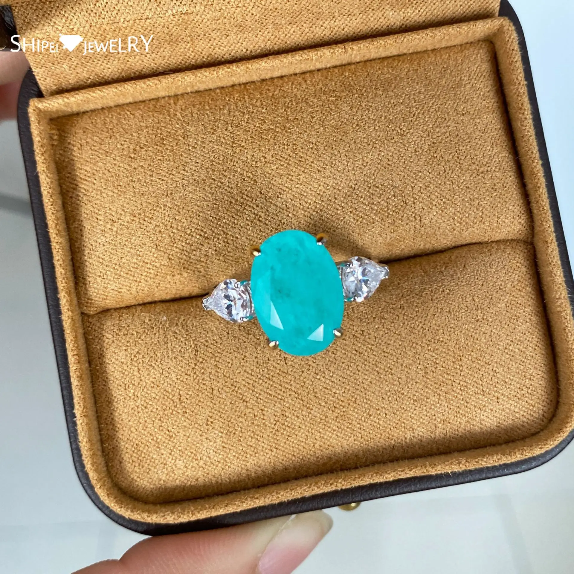 

Shipei Fashion 100% 925 Sterling Silver Oval Cut Paraiba Tourmaline Created Moissanite Gemstone Engagement Fine Jewelry Rings